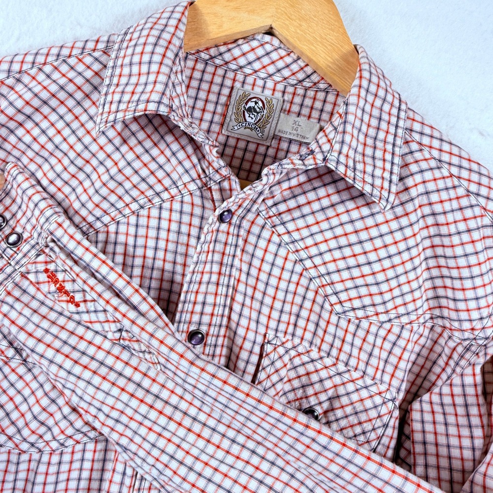 Cinch Western Snap Shirt Boys XL 14 Red Blue Plaid Cowboy Ranchwear Rugged Pearl